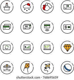 line vector icon set - recieptionist vector, snowfall, gloves, credit card, tap pay, exchange, account statistics, monitor, diamond, outdoor cafe, kite, ball
