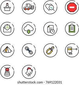 line vector icon set - recieptionist vector, fork loader, heart diagnosis, no way road sign, opened mail, download cloud, history, clipboard, tent, link, side cutters, laser lever, pyramid toy