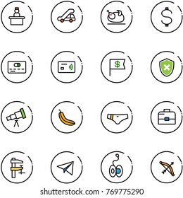 line vector icon set - recieptionist vector, trap truck, turkey, dollar, credit card, tap pay, flag, shield cross, telescope, banana, swimsuit, case, clamp, paper plane, yoyo, bow