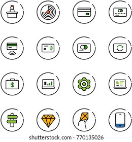 line vector icon set - recieptionist vector, radar, credit card, tap pay, exchange, money case, account statistics, gear, monitor, signpost, diamond, kite, mobile phone