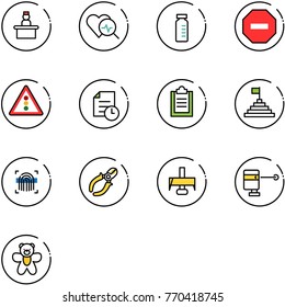 line vector icon set - recieptionist vector, heart diagnosis, vial, no way road sign, traffic light, history, clipboard, pyramid flag, fingerprint scanner, side cutters, milling cutter, laser lever