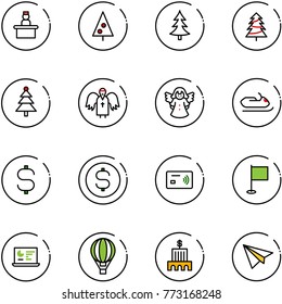 line vector icon set - recieptionist vector, christmas tree, angel, snowmobile, dollar sign, coin, tap pay, flag, statistics monitor, air balloon, bank building, paper plane