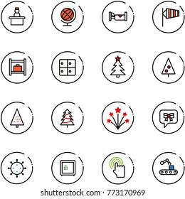 line vector icon set - recieptionist vector, globe, hotel, side wind, baggage room, christmas tree, firework, bow message, virus, safe, hand cursor, conveyor