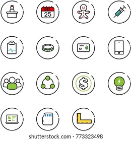 line vector icon set - recieptionist vector, 25 dec calendar, cake man, syringe, pulse clipboard, coin, tap pay, phone, group, social, dollar, idea, statistics monitor, micro flash card