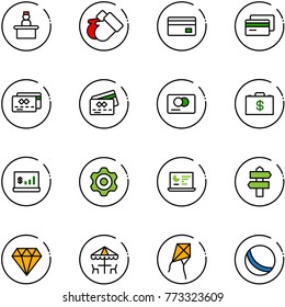 line vector icon set - recieptionist vector, gloves, credit card, money case, account statistics, gear, monitor, signpost, diamond, outdoor cafe, kite, ball