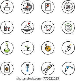 line vector icon set - recieptionist vector, radar, first aid room, firework, wine, mountains, dog, money back, round flask, sproute, moon flag, flying man, passport, laser, bolt cutter, boomerang