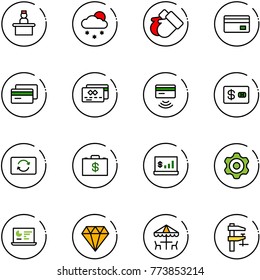 line vector icon set - recieptionist vector, snowfall, gloves, credit card, tap pay, exchange, money case, account statistics, gear, monitor, diamond, outdoor cafe, clamp