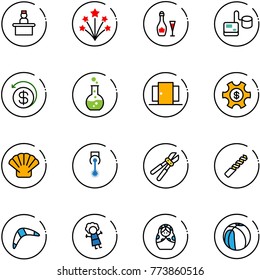 line vector icon set - recieptionist vector, firework, wine, tonometer, money back, round flask, doors, managemet, shell, laser, bolt cutter, drill, boomerang, doll, russian, basketball