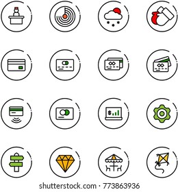 line vector icon set - recieptionist vector, radar, snowfall, gloves, credit card, tap pay, account statistics, gear, signpost, diamond, outdoor cafe, kite