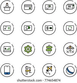 line vector icon set - recieptionist vector, credit card, tap pay, exchange, account statistics, gear, signpost, outdoor cafe, mobile phone, clamp, kite, ball