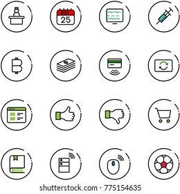 line vector icon set - recieptionist vector, 25 dec calendar, diagnostic monitor, syringe, bitcoin, dollar, tap pay, card exchange, website, like, dislike, cart, book, server wireless, mouse