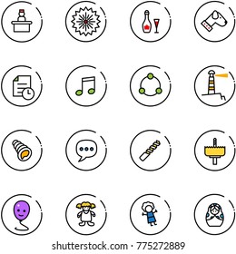 line vector icon set - recieptionist vector, firework, wine, dog, history, music, community, lighthouse, shell, chat, drill, crown, balloon smile, doll, russian