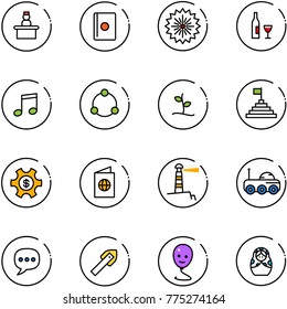 line vector icon set - recieptionist vector, passport, firework, wine, music, community, sproute, pyramid flag, money managemet, lighthouse, moon rover, chat, tile drill, balloon smile, russian doll