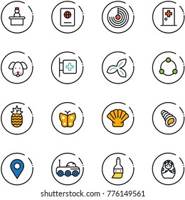 line vector icon set - recieptionist vector, passport, radar, first aid room, dog, three leafs, community, pineapple, butterfly, shell, navigation pin, moon rover, brush, russian doll