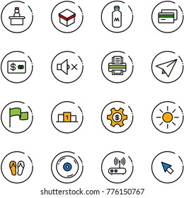 line vector icon set - recieptionist vector, gift, milk, credit card, volume off, printer, paper plane, flag, pedestal, money managemet, sun, flip flops, cd, wi fi router, cursor