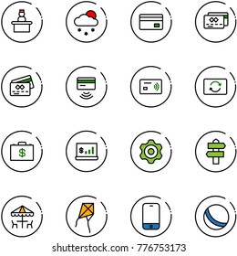 line vector icon set - recieptionist vector, snowfall, credit card, tap pay, exchange, money case, account statistics, gear, signpost, outdoor cafe, kite, mobile phone, ball