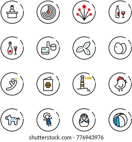 line vector icon set - recieptionist vector, radar, firework, wine, tonometer, three leafs, eggs, flying man, passport, lighthouse, chicken toy, horse, doll, russian, basketball