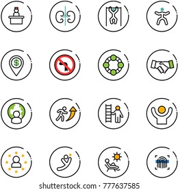 line vector icon set - recieptionist vector, kidneys, pull ups, gymnastics, dollar pin, no left turn road sign, friends, agreement, man globe, career, opportunity, success, star, flying, beach