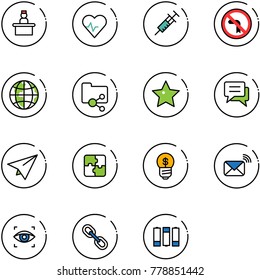 line vector icon set - recieptionist vector, heart pulse, syringe, no left turn road sign, globe, shared folder, star, chat, paper plane, puzzle, business idea, wireless mail, eye scanner, link
