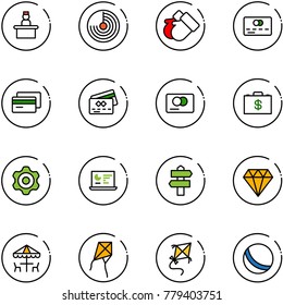 line vector icon set - recieptionist vector, radar, gloves, credit card, money case, gear, statistics monitor, signpost, diamond, outdoor cafe, kite, ball