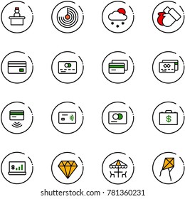 line vector icon set - recieptionist vector, radar, snowfall, gloves, credit card, tap pay, money case, account statistics, diamond, outdoor cafe, kite