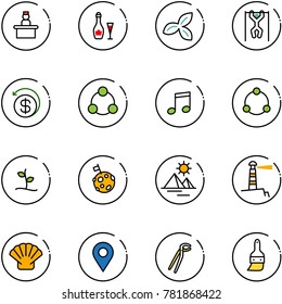 line vector icon set - recieptionist vector, wine, three leafs, pull ups, money back, social, music, community, sproute, moon flag, pyramid, lighthouse, shell, navigation pin, plumber, brush