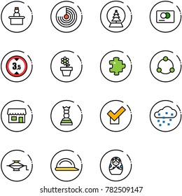 line vector icon set - recieptionist vector, radar, snowball tree, credit card, limited height road sign, flower pot, puzzle, community, store, chess queen, check, snow, jack, construction helmet