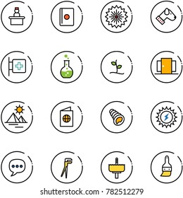 line vector icon set - recieptionist vector, passport, firework, dog, first aid room, round flask, sproute, doors, pyramid, shell, sun power, chat, plumber, crown drill, brush