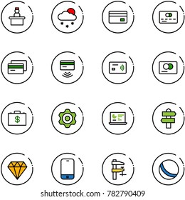line vector icon set - recieptionist vector, snowfall, credit card, tap pay, money case, gear, statistics monitor, signpost, diamond, mobile phone, clamp, ball