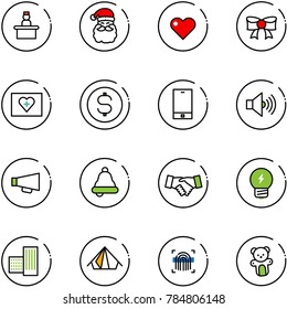 line vector icon set - recieptionist vector, santa claus, heart, bow, first aid kit, dollar coin, phone, volume max, loudspeaker, bell, agreement, idea, building, tent, fingerprint scanner, bear toy