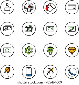 line vector icon set - recieptionist vector, radar, gloves, credit card, tap pay, exchange, gear, signpost, diamond, kite, mobile phone, ball