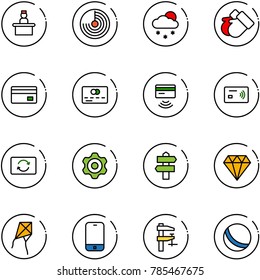 line vector icon set - recieptionist vector, radar, snowfall, gloves, credit card, tap pay, exchange, gear, signpost, diamond, kite, mobile phone, clamp, ball
