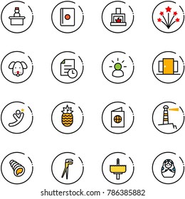 line vector icon set - recieptionist vector, passport, fireplace, firework, dog, history, idea, doors, flying man, pineapple, lighthouse, shell, plumber, crown drill, russian doll