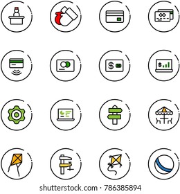 line vector icon set - recieptionist vector, gloves, credit card, tap pay, account statistics, gear, monitor, signpost, outdoor cafe, kite, clamp, ball