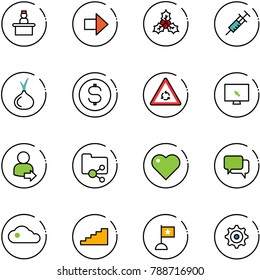 line vector icon set - recieptionist vector, right arrow, holly, syringe, onion, dollar coin, round motion road sign, monitor cursor, user login, shared folder, heart, dialog, cloud, stairs, flag