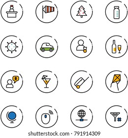 line vector icon set - recieptionist vector, side wind, christmas tree, vial, virus, car, winner, wine, money dialog, drink, suitcase, kite, globe, mouse wireless, no signal