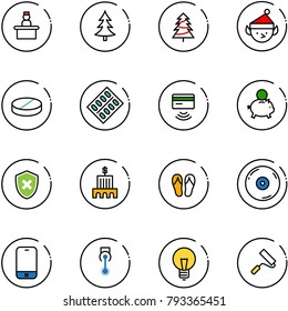 line vector icon set - recieptionist vector, christmas tree, elf, pill, pills blister, tap pay, piggy bank, shield cross, building, flip flops, cd, mobile phone, laser, bulb, paint roller