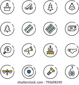 line vector icon set - recieptionist vector, trap truck, christmas tree, pills blister, credit card, money search, telescope, bank building, swimsuit, dragonfly, cd, bolt, yoyo