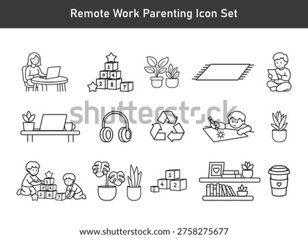 Line vector icon set for remote work and parenting with home office elements, mother and children. Suitable for UI UX design, apps, dashboards, and presentations.