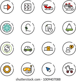 line vector icon set - right arrow vector, baggage room, sleigh, santa, lemon slice, pound, history, bell, dollar, car, pedestal, money dialog, sun, diving, cursor, wheel horse