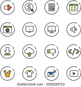 line vector icon set - right arrow vector, money click, calculator, website, browser globe, monitor cursor, low volume, download, upload cloud, dislike, tag code, stars, t shirt, wireless mail