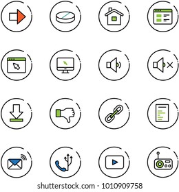 line vector icon set - right arrow vector, pill, home, website, cursor browser, monitor, low volume, off, download, dislike, link, document, wireless mail, phone, playback, radio