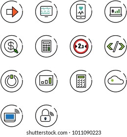 line vector icon set - right arrow vector, diagnostic monitor, mobile heart, account statistics, money click, calculator, limited width road sign, tag code, standby, cloud, notebook wi fi