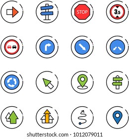 line vector icon set - right arrow vector, road signpost sign, stop, limited height, no overtake, only, detour, circle, cursor, map pin, up, arrows, trip, navigation