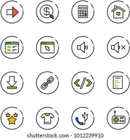 line vector icon set - right arrow vector, money click, calculator, home, website, cursor browser, low volume, off, download, link, tag code, document, stars, t shirt, phone, radio