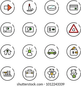 line vector icon set - right arrow vector, candle, pill, credit card, round motion road sign, home, idea, car, finance management, pool, tool box, bear toy