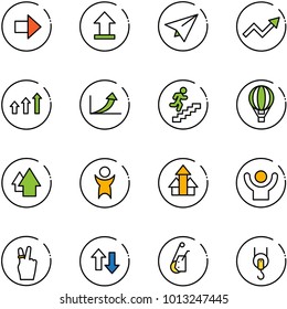 line vector icon set - right arrow vector, uplooad, paper plane, growth, arrows up, career, air balloon, success, victory, down, winch