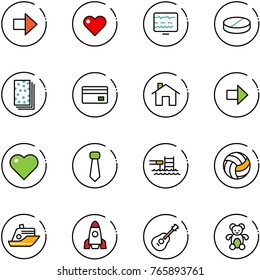 line vector icon set - right arrow vector, heart, diagnostic monitor, pill, breads, credit card, home, tie, pool, volleyball, cruiser, rocket, guitar, bear toy