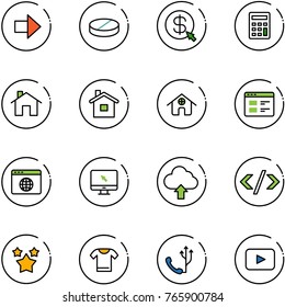 line vector icon set - right arrow vector, pill, money click, calculator, home, website, browser globe, monitor cursor, upload cloud, tag code, stars, t shirt, phone, playback