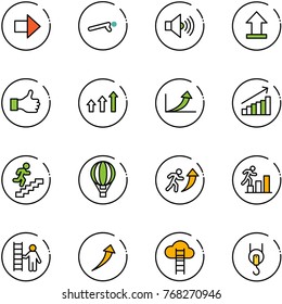 line vector icon set - right arrow vector, push ups, volume max, uplooad, like, arrows up, growth, career, air balloon, opportunity, cloud ladder, winch